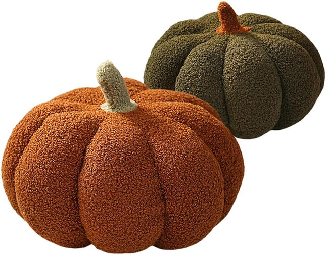 Halloween or Thanksgiving Decorative Pumpkin Throw Pillow Pumpkin Shaped Pillow 3D Simulated Pumpkin Pillows for Home Fall Autumn Decoration(Brown 9''+ Green 9'')