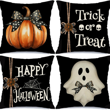 Happy Halloween Spider Web Pumpkin Ghost Throw Pillow Covers 18X18 Set of 4 Trick or Treat Spooky Skull Polka Dot Bow Cushion Case Decorations for Sofa Couch