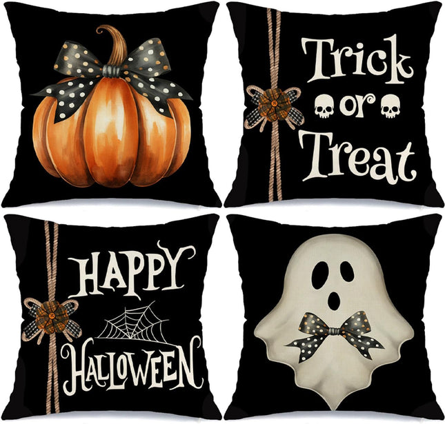 Happy Halloween Spider Web Pumpkin Ghost Throw Pillow Covers 18X18 Set of 4 Trick or Treat Spooky Skull Polka Dot Bow Cushion Case Decorations for Sofa Couch