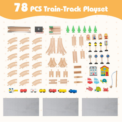 78 Pieces Wooden Train Set Activity Railway Playset for Kids Aged 18M+