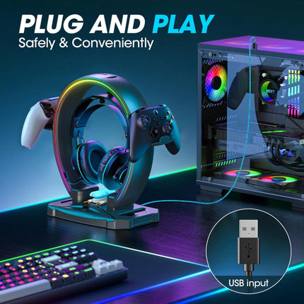 Headphone Stand, Controller Holder, RGB Gaming Headphone Stand with Cable Organizer for Desktop Organizers
