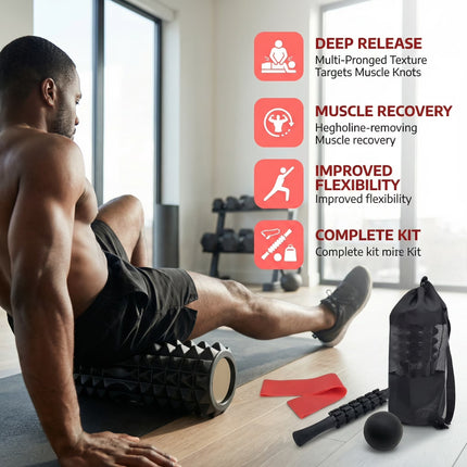 6 In1 Black Foam Roller Set with Massage Roller, Massage Ball, Chest Expander,And Resistance Band