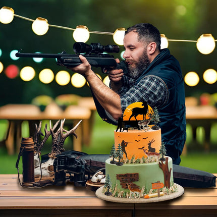 13PCS Deer Hunter Cake Decoration Set - Green Camo Hunting Birthday Decorations for Camo Camping Hunting Birthday Baby Shower Party Supplies