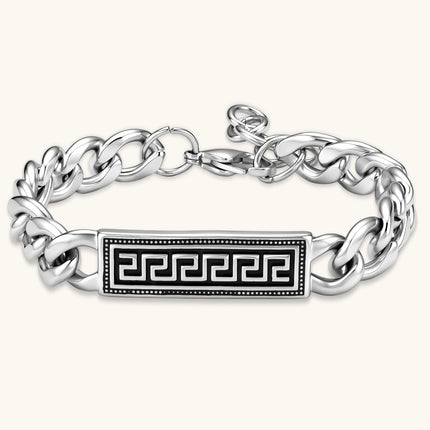 Silver 316L stainless steel curb chain bracelet with black Greek key meander rectangular ID plate, adjustable lobster clasp.
