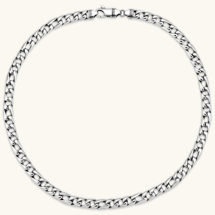 Polished 316L stainless steel Cuban link chain necklace, 9.6mm wide, with Greek key lobster clasp, silver tone.