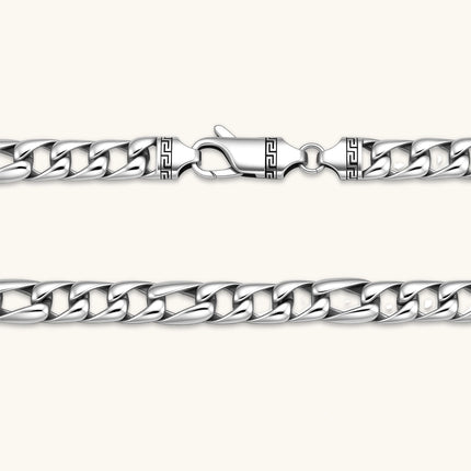 Polished 316L stainless steel Cuban link chain necklace, 9.6mm wide, with Greek key lobster clasp, silver tone.