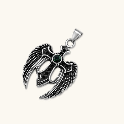 Silver stainless steel angel wing cross pendant necklace with green CZ center stone and black crystals on a box chain.