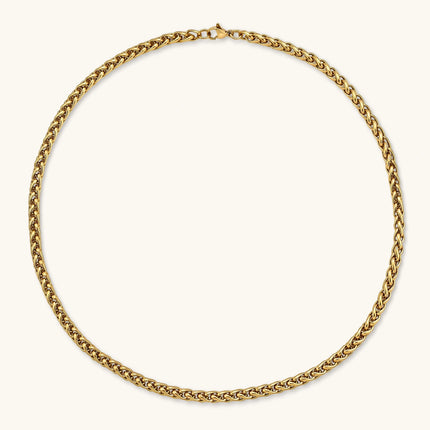 18K gold-plated stainless steel wheat chain necklace, 4.2mm wide, with lobster clasp, on off-white background.