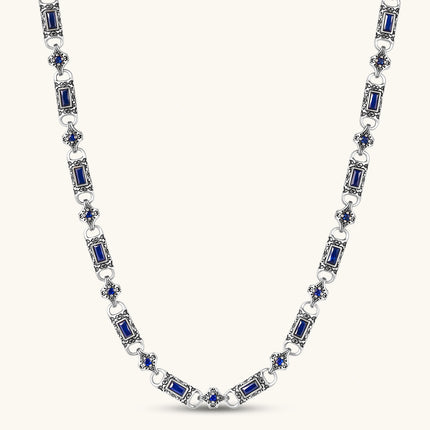 Oxidized silver 316L stainless steel chain necklace with rectangular navy CZ links and ornate gothic connector pieces, 640mm.