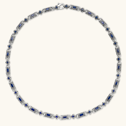 Oxidized silver 316L stainless steel chain necklace with rectangular navy CZ links and ornate gothic connector pieces, 640mm.