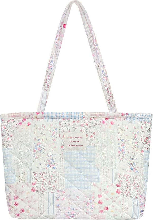 Top Zipper Floral Quilted Bag Small Tote Bag for Women