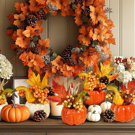 Set of 6 Artificial Pumpkins Decorations, Decorative Orange Pumpkin with Maple Berry Acorn Pine Cone Vegetables for Fall Thanksgiving Harvest Party Decoration