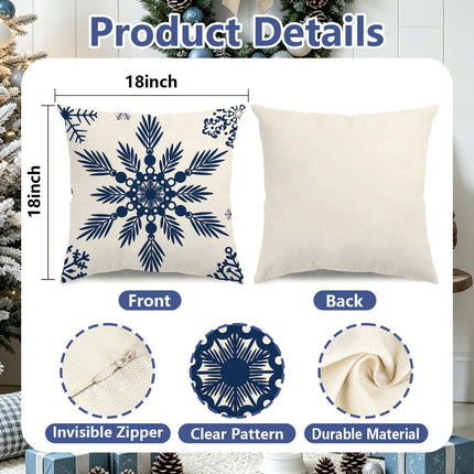 Christmas Pillow Covers 18X18 Blue Christmas Decorations Snowflake Throw Pillow Covers Xmas Tree Winter Holiday Decor Cushion Case for Sofa Couch Set of 4