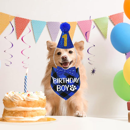 Multi Size Dog Birthday Hat & Bandana - Boy Bow Tie, Numbers, Blue