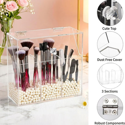 Makeup Brush Holder with Dustproof Lid, White Pearls, Acrylic Clear Makeup Brush Organizer with 3 Compartment, Large Cosmetic Brush Storage Box Case for Vanity, Bathroom, Bedroom