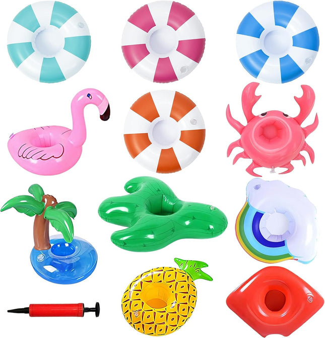 12 Pack Vintage Stripe Drink Floaties Pool Drink Floats Inflatable Drink Holder Floating Drink Holder Pool Accessories for Adults with Pump