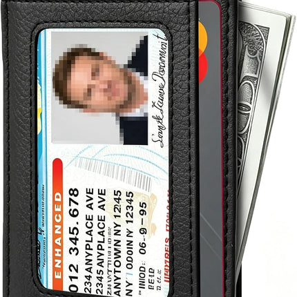 Slim Front Pocket Leather Wallet for Men and Women, RFID Blocking Minimalist Wallet with Clear ID Window, Slim Bussiness Card Holder Gift for Men Women