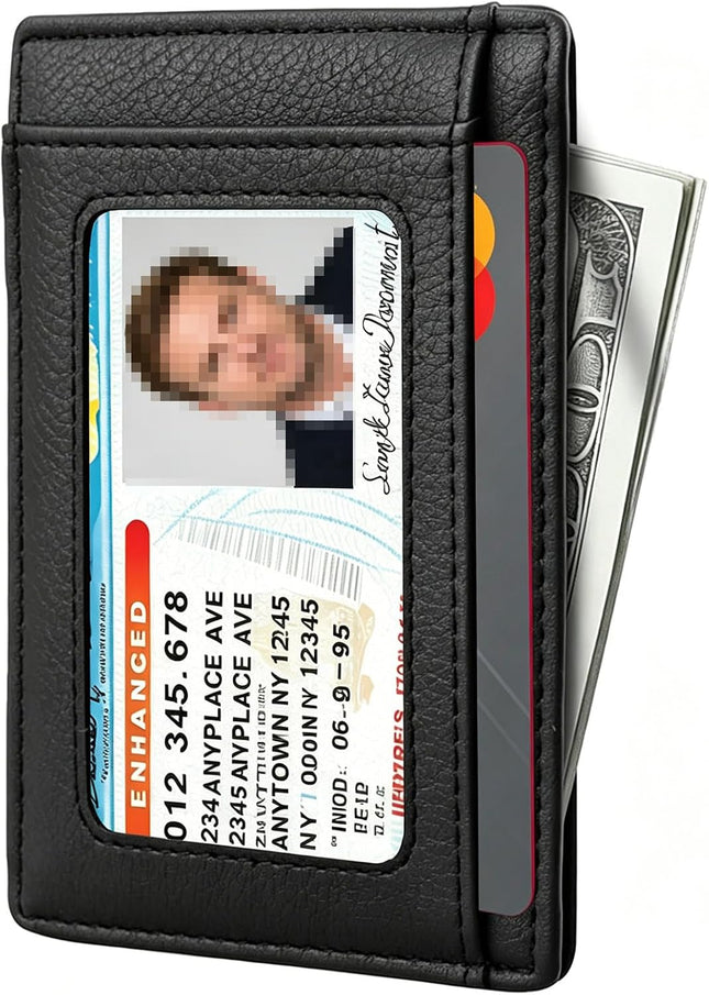 Slim Front Pocket Leather Wallet for Men and Women, RFID Blocking Minimalist Wallet with Clear ID Window, Slim Bussiness Card Holder Gift for Men Women