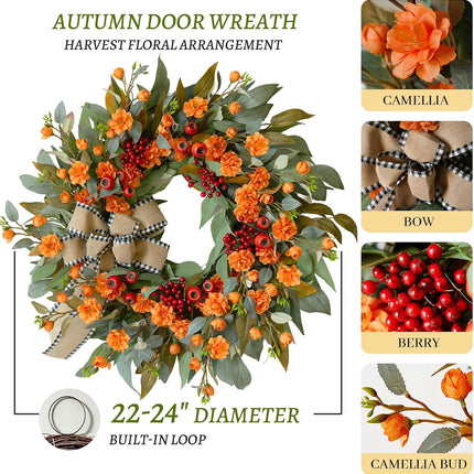 24 Inch Harvest Fall Wreaths for Front Door outside with Bow & Red Berries