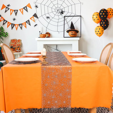 Halloween Table Runner, Silver Spider Web Metallic Sequin Glitter Sheer Runners Roll 120", Black Table Decorations for Halloween, Wedding, Birthday, Themed Party, Christmas