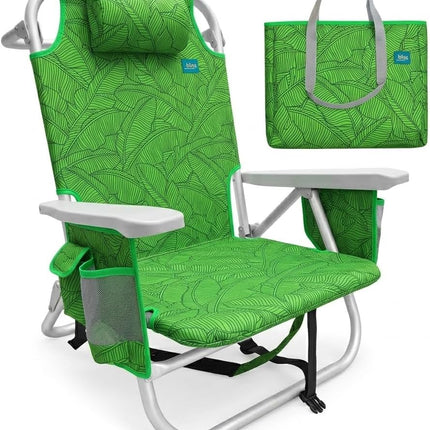 Folding Beach Chair with Cooler Bag, Green Banana Leaves