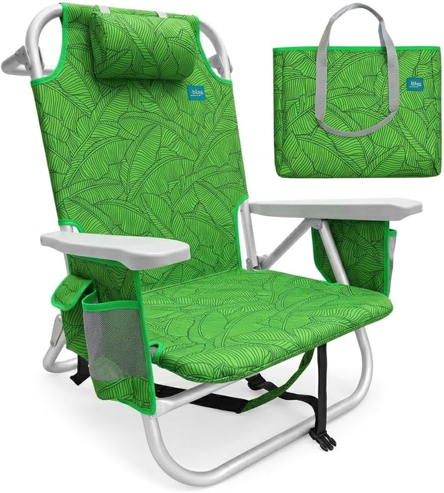 Folding Beach Chair with Cooler Bag, Green Banana Leaves