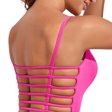 Strappy Sports Bras for Women High Support Open Back Workout Tops Longline Tank Top with Built in Bra Yoga Crop Bras