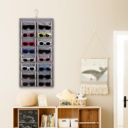 Dual Sided Sunglasses Storage Organizer Case, Eyeglasses Holder Wall Mounted with 32 Clear Slots & Metal Hook, Dust Proof Sunglasses Storage Case