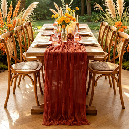 Fall Table Runner, 10FT Thanksgiving Terracotta Cheesecloth Table Runner 35*120Inch Burnt Orange Decor for Autumn Fall Wedding Baby Shower Friendsgiving Thanksgivig Home Kitchen Table Decorations