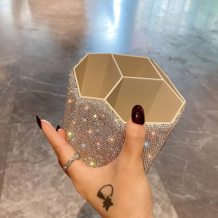 Bling Design Makeup Brush Holder Organizer,360° Rotating Glitter Rhinestones Cosmetics Storage with 5 Slot Large Capacity Makeup Brushes Cup Pen Holder for Vanity,Bathroom Countertops