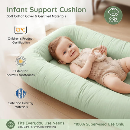 Infant Support Cushion & Baby Support Cushion for Newborn 0-24 Months, Breathable Cotton Pad, Supervised Use, Portable Infant Essentials for Travel and Home, Green (Cover Included