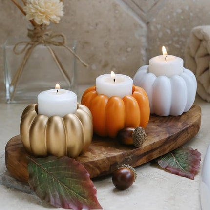 2-In-1 Pumpkin Candle Holder Set - Orange Fall Taper, Tealight & Votive Candle Holders - Pumpkin Table Centerpiece, Fall Candle Decor, Halloween Candlestick Holder (Set of 6)