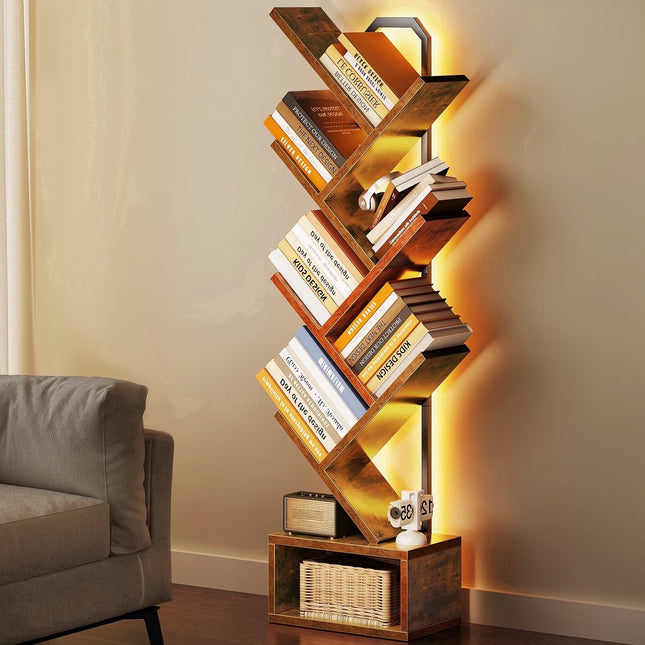 6 Tier Tree Bookshelf, Bookcase with LED Lights, Display Floor Standing Storage Shelf, Book Organizer Shelves for Home Office, Living Room, Vintage