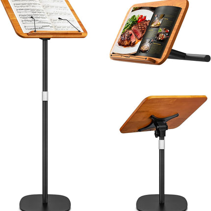 2 in 1 Dual-Use Music Stand & Desktop Book Stand, Adjustable Height 16.5"-51", 100% Solid Wood Laptop Floor Stand Book Holder with Elastic Page Clips for Cookbooks (Brown)