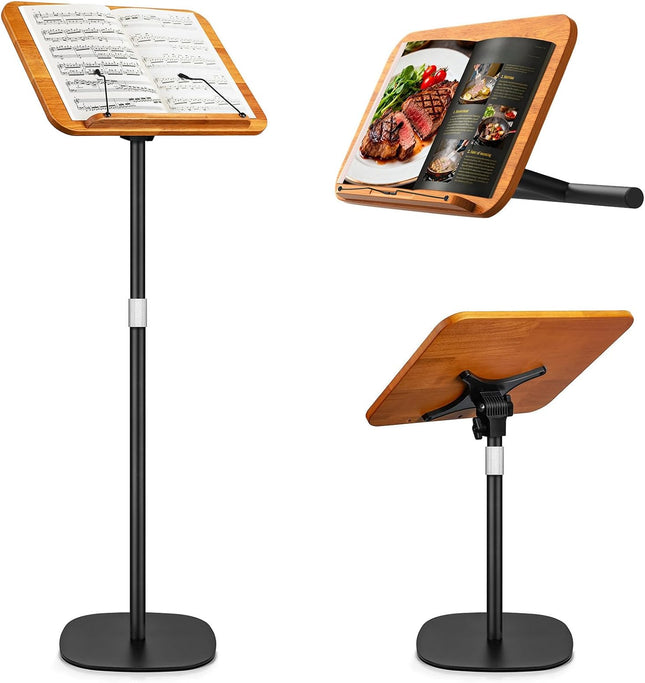 2 in 1 Dual-Use Music Stand & Desktop Book Stand, Adjustable Height 16.5"-51", 100% Solid Wood Laptop Floor Stand Book Holder with Elastic Page Clips for Cookbooks (Brown)