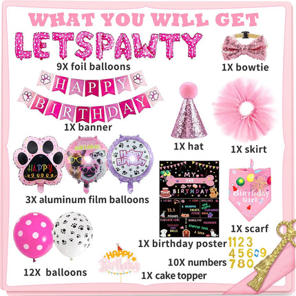 Dog Party Supplies Decorations - Cute Bandana, Let'S Pawty Banner, Cake Topper, Hat, Pink Bowtie, Tutu Skirt, Paw Balloon for Birthday Celebration
