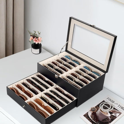 Sunglasses Storage Organizer Case with 24 Adjustable Slots, 2 Layer Multi Eyeglass Glasses Display Box with Lid Women