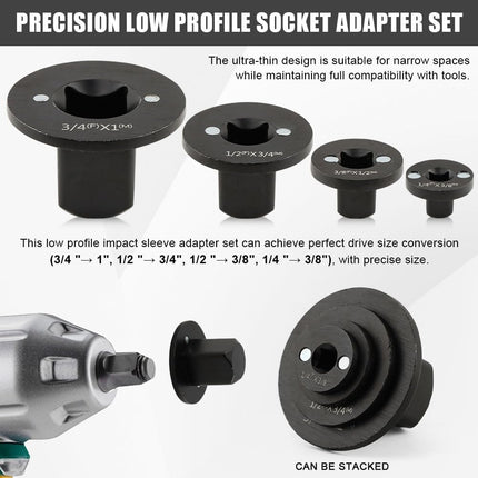 4Pcs Low Profile Impact Socket Adapter Set for Tight Spaces, Cr‑Mo Steel