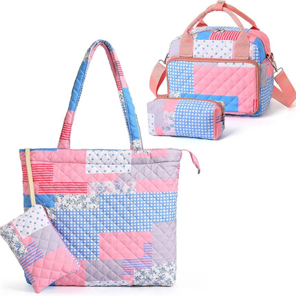 Quilted Lunch Bag Set and Floral Quilted Tote Bag(Pinkpatch)
