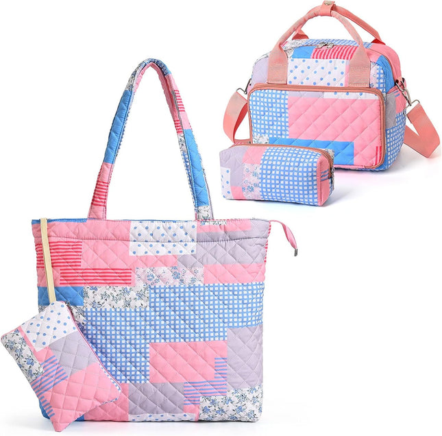 Quilted Lunch Bag Set and Floral Quilted Tote Bag(Pinkpatch)