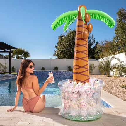 60" Inflatable Palm Tree Ice Chest Cooler,Luau Party Decorations,Summer Outdoor Drink Cooler with Drink Holder