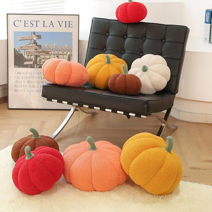 Halloween or Thanksgiving Decorative Pumpkin Throw Pillow Pumpkin Shaped Pillow 3D Simulated Pumpkin Pillows for Home Fall Autumn Decoration(Brown 9''+ Green 9'')