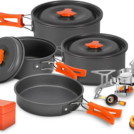 Camping Cookware Mess Kit Set with Stove - Backpacking Camping Pots and Pans Set, All in One Non-Stick Camping Cooking Set, Portable Stove, Hiking, Picnic, Outdoor & Camping Cookware Set