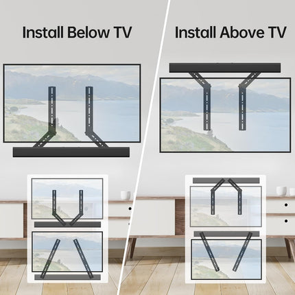 Soundbar Mount, Sound Bar Mount for Mounting above or under TV, Fits Most of Sound Bars up to 16 Lbs, with Detachable Extension Plates
