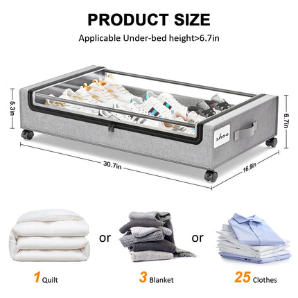 under Bed Storage with Wheels:2 Pack under the Bed Storage Bins, Collapsible under Bed Storage Bags for Clothes, Sheets,Shoes,Linen-Like Grey