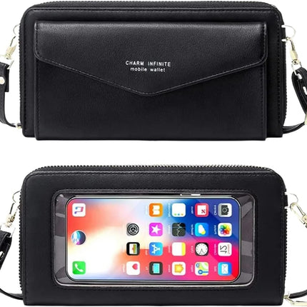 Faux Leather Crossbody Phone Bag for Women, RFID Blocking Touch Screen Wallet Shoulder Handbag with Clear Phone Window