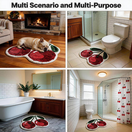 Cute Cherry Bath Mat, Non-Slip Absorbent Bath Mat Rug, Funny Cherry Bathroom Decor, Soft Flocked Bathroom Mat with Rubber Backing, 50X60Cm