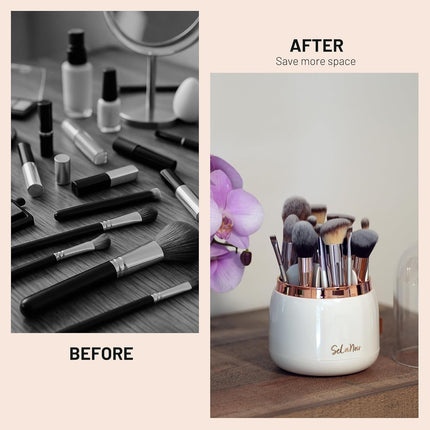 Rotating Makeup Brush Holder with Lid Dustproof Vanity Organizer for Makeup Brushes, Bonus Foldable Makeup Brush Cleaner Bowl Included