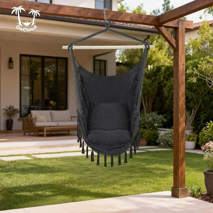 XXL Macrame Hammock Chair - Comfortable Indoor/Outdoor Swing with Drink Holder