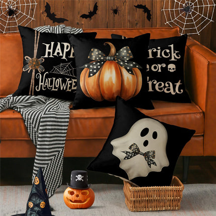 Happy Halloween Spider Web Pumpkin Ghost Throw Pillow Covers 18X18 Set of 4 Trick or Treat Spooky Skull Polka Dot Bow Cushion Case Decorations for Sofa Couch